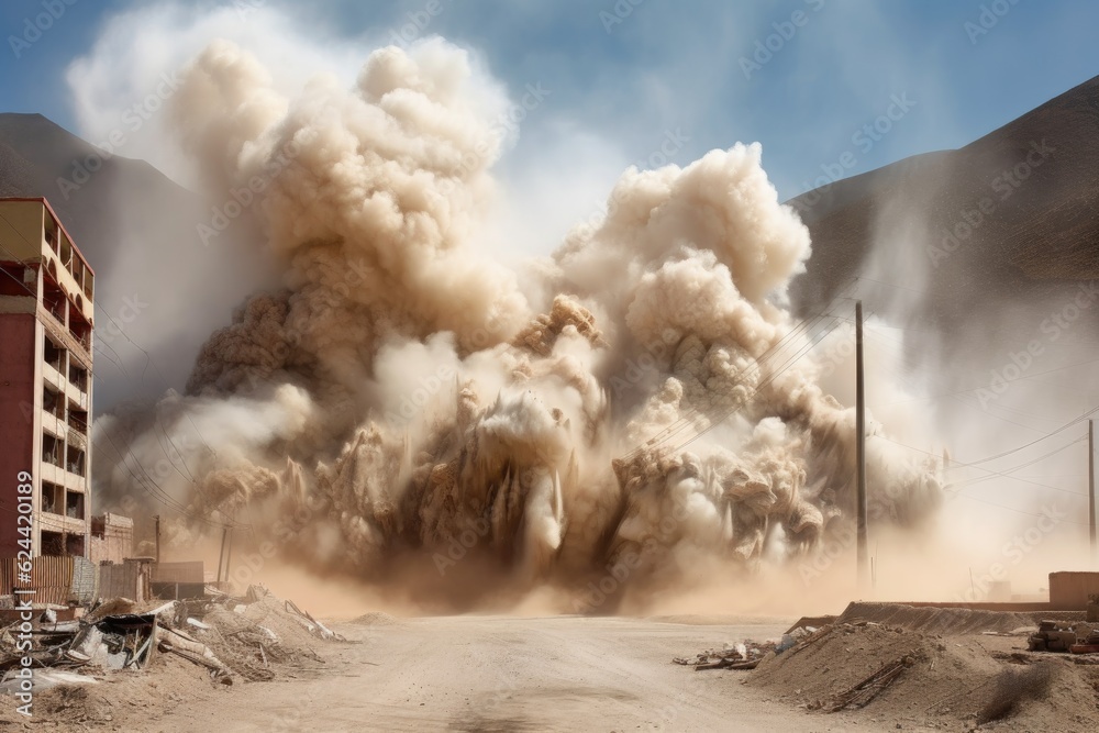 dust and smoke rising from a collapse site, created with generative ai