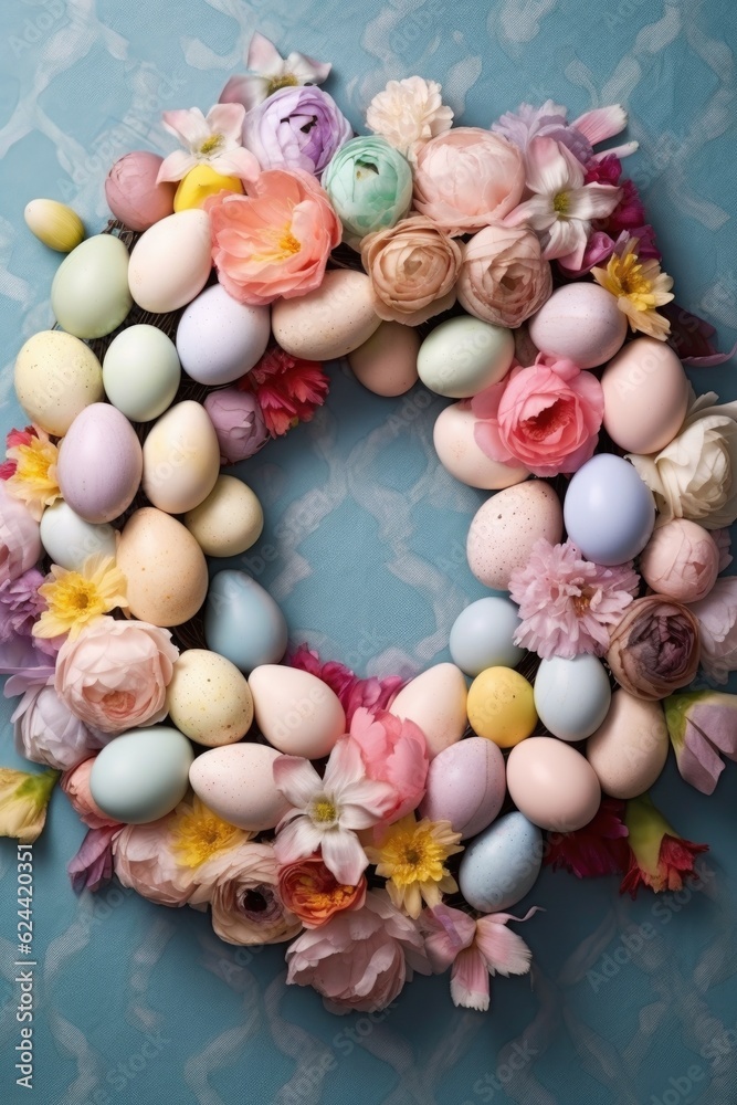 decorative easter wreath with pastel-colored eggs and flowers, created with generative ai