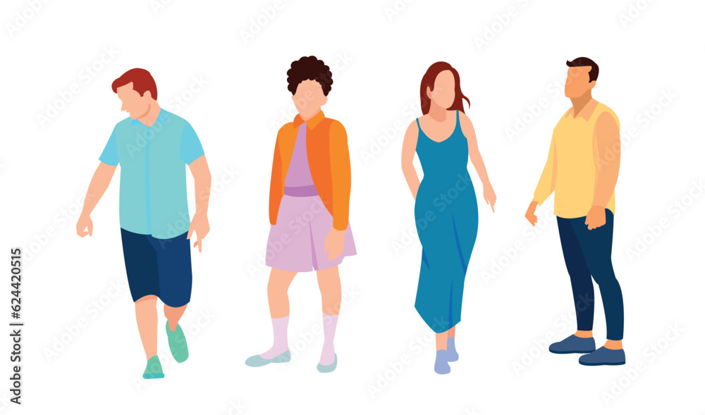 Business multinational team. Vector illustration of diverse cartoon men and women of various races, ages and body type in office outfits. Isolated on white.