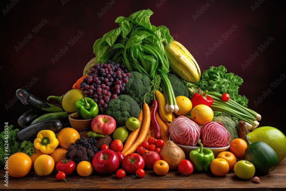 a stack of colorful fruits and vegetables, arranged in an eye-catching arrangement, created with generative ai a stack of colorful fruits and vegetables, arranged in an eye-catching arrangement, created with generative ai