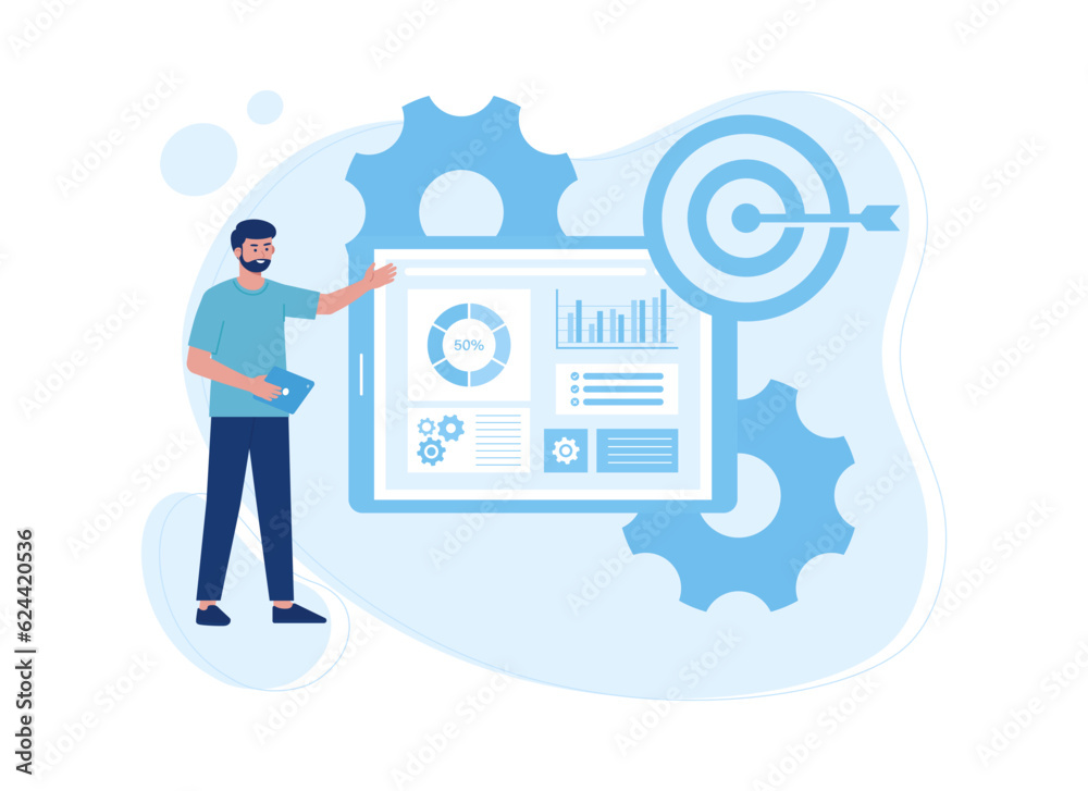 Tablet with data, targets and settings concept flat illustration Tablet with data, targets and settings concept flat illustration