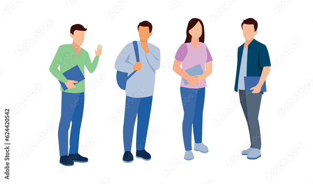 Fototapeta premium Group of multicultural students flat vector illustration. Young girls and boys holding books and laptop isolated characters on white background. Happy teenager in casual clothes. Youth lifestyle