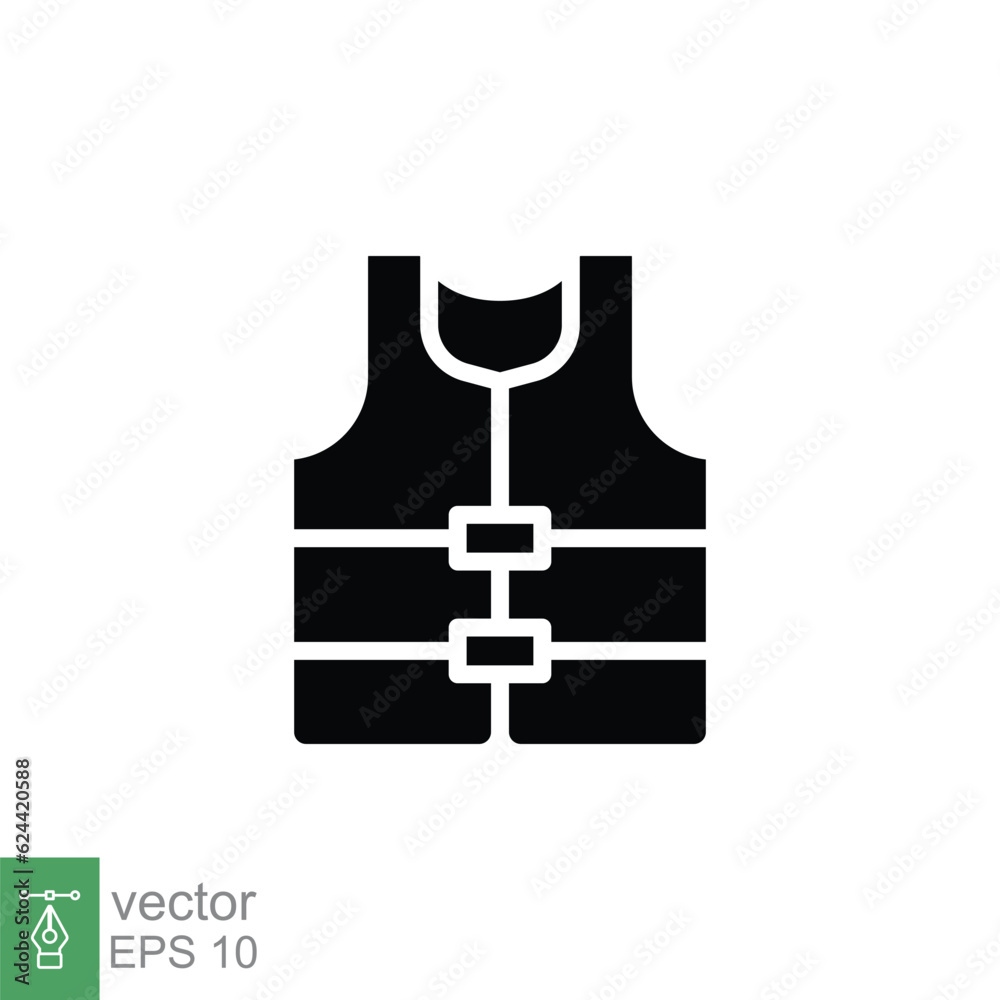 Life vest icon. Simple solid style. Safety jacket, water transportation security guard equipment contact. Black silhouette, glyph symbol. Vector illustration isolated on white background. EPS 10. Life vest icon. Simple solid style. Safety jacket, water transportation security guard equipment contact. Black silhouette, glyph symbol. Vector illustration isolated on white background. EPS 10.