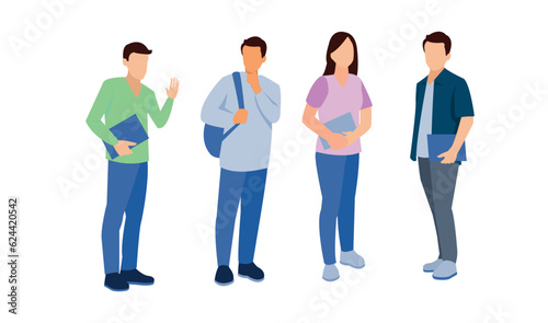 Group of multicultural students flat vector illustration. Young girls and boys holding books and laptop isolated characters on white background. Happy teenager in casual clothes. Youth lifestyle