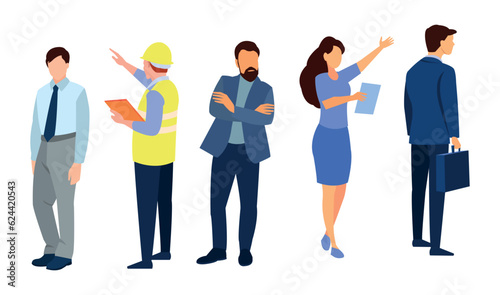 Business multinational team. Vector illustration of diverse cartoon men and women of various races, ages and body type in office outfits. Isolated on white.
