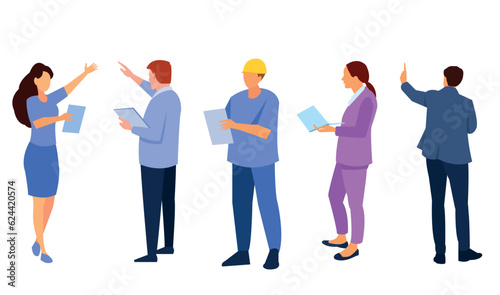 Business multinational team. Vector illustration of diverse cartoon men and women of various races, ages and body type in office outfits. Isolated on white.
