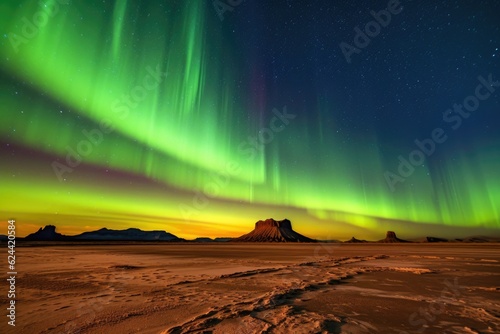 wide-angle shot of aurora borealis over desert horizon, created with generative ai