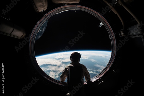 Astronaut stand near round window with view on earth in space station in space