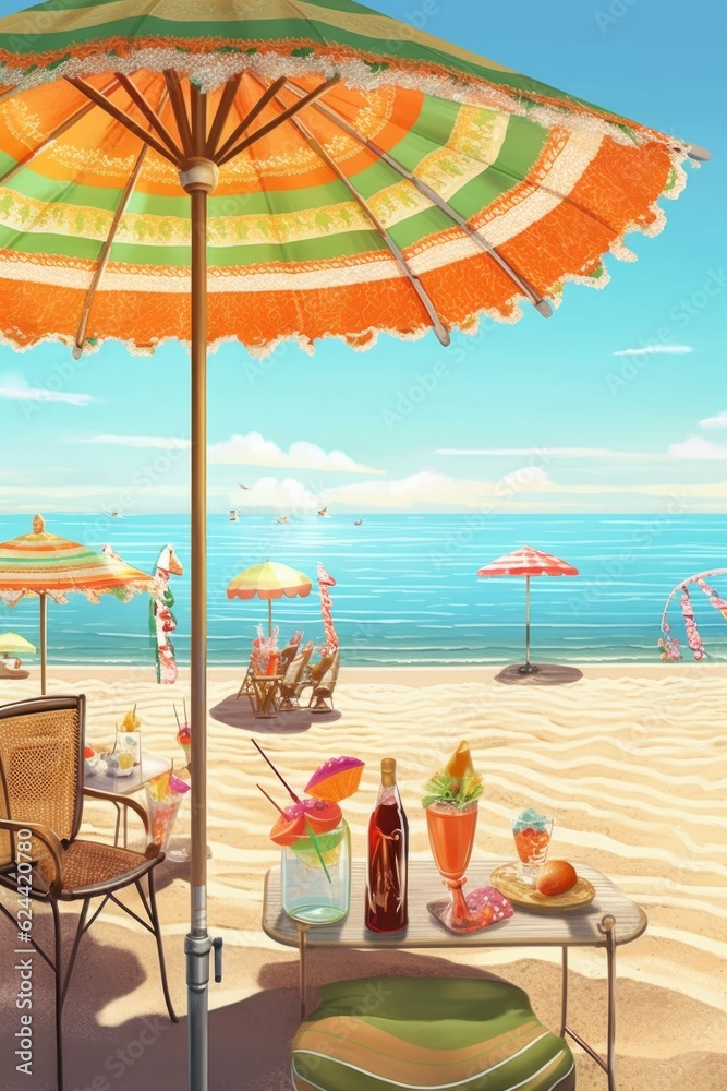 beach scene with sun umbrella and festive cocktails, created with generative ai