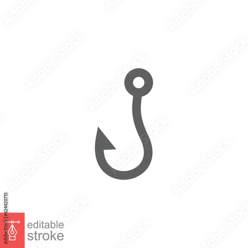 Fish hook icon. Simple outline style. Fishhook, angler, trap, metal sharp needle, fishing equipment concept. Thin line symbol. Vector illustration isolated on white background. Editable stroke EPS 10.