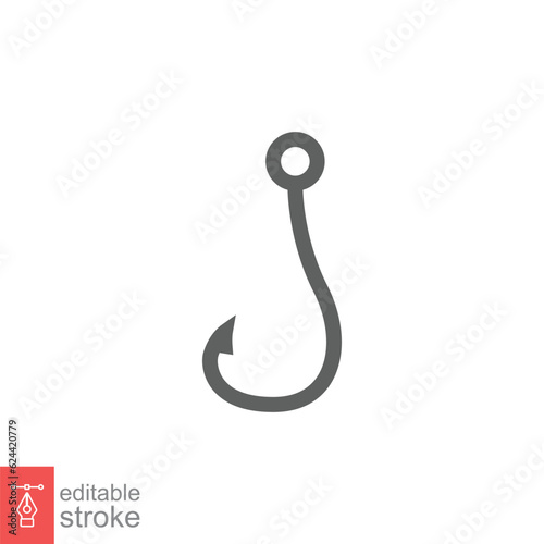 Fish hook icon. Simple outline style. Fishhook, angler, trap, metal sharp needle, fishing equipment concept. Thin line symbol. Vector illustration isolated on white background. Editable stroke EPS 10.