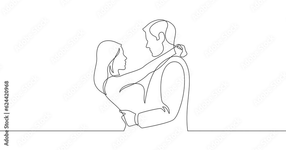 Animation of an image drawn with a continuous line. Man and woman hug and look each other in the eye.