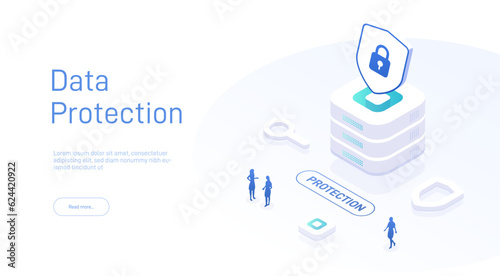 Security data protection isometric. Big data. Cloud technology. Cloud database, web hosting server room. Isometric database protection concept. Big data flow processing data protection concept.