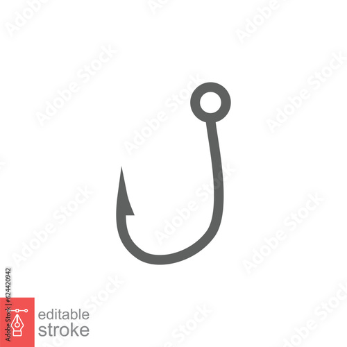 Fish hook icon. Simple outline style. Fishhook, angler, trap, metal sharp needle, fishing equipment concept. Thin line symbol. Vector illustration isolated on white background. Editable stroke EPS 10.