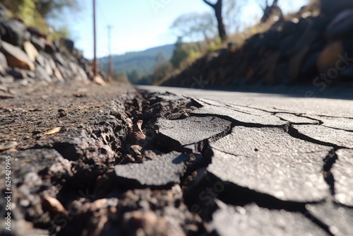 close-up of cracked asphalt due to mudslide, created with generative ai