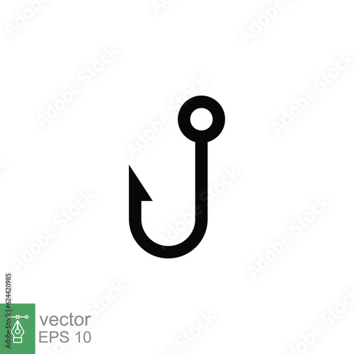 Fish hook icon. Simple flat style. Fishhook, angler, trap, metal sharp needle, fishing equipment concept. Black silhouette, glyph symbol. Vector illustration isolated on white background. EPS 10.