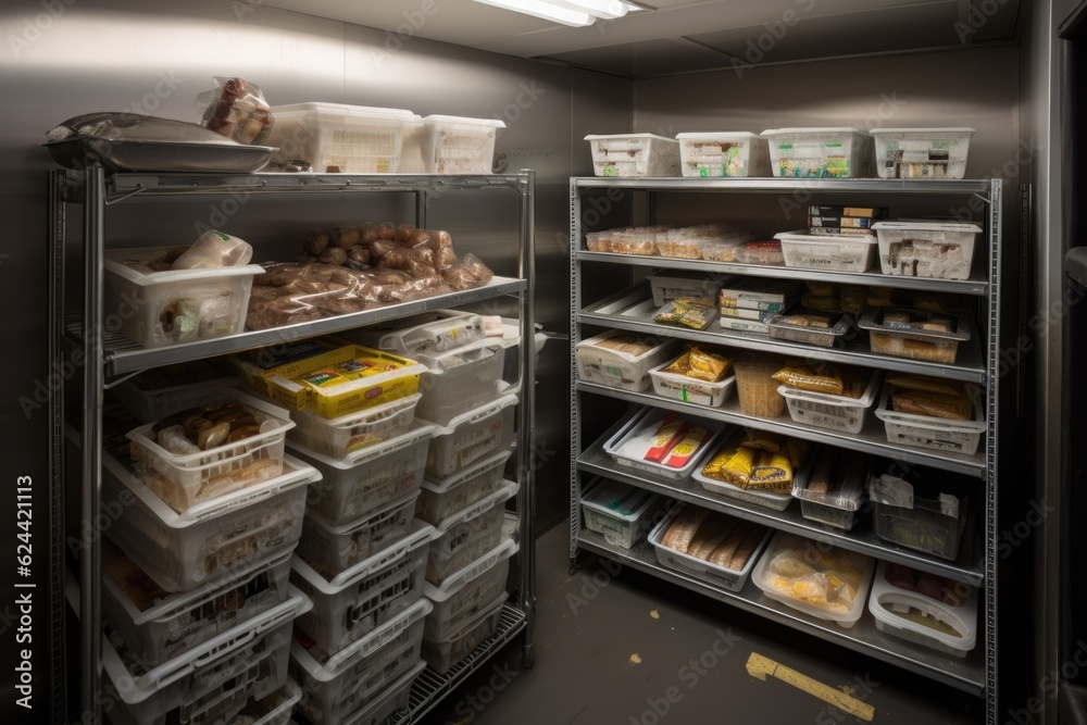 walk-in freezer stocked with frozen foods, ready to prepare meals, created with generative ai