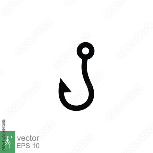 Fish hook icon. Simple flat style. Fishhook, angler, trap, metal sharp needle, fishing equipment concept. Black silhouette, glyph symbol. Vector illustration isolated on white background. EPS 10.