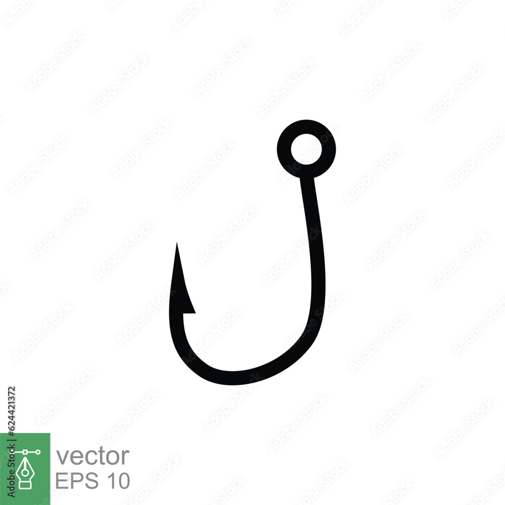 Fish hook icon. Simple flat style. Fishhook, angler, trap, metal sharp needle, fishing equipment concept. Black silhouette, glyph symbol. Vector illustration isolated on white background. EPS 10. Fish hook icon. Simple flat style. Fishhook, angler, trap, metal sharp needle, fishing equipment concept. Black silhouette, glyph symbol. Vector illustration isolated on white background. EPS 10.