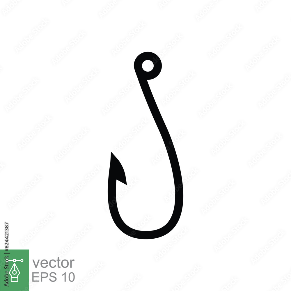 Fish hook icon. Simple flat style. Fishhook, angler, trap, metal sharp needle, fishing equipment concept. Black silhouette, glyph symbol. Vector illustration isolated on white background. EPS 10.