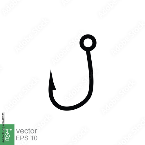 Fish hook icon. Simple flat style. Fishhook, angler, trap, metal sharp needle, fishing equipment concept. Black silhouette, glyph symbol. Vector illustration isolated on white background. EPS 10.