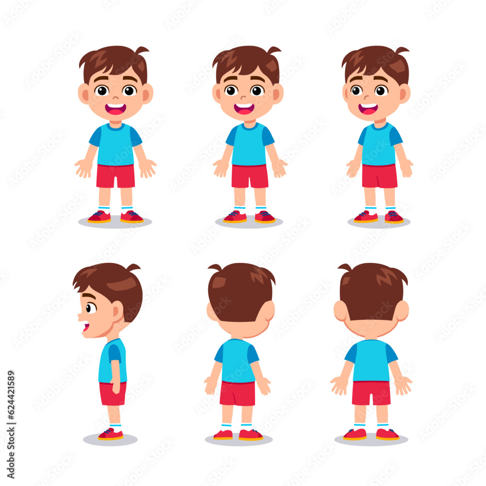 Cute little kid boy character turn around with happy expression and standing poses