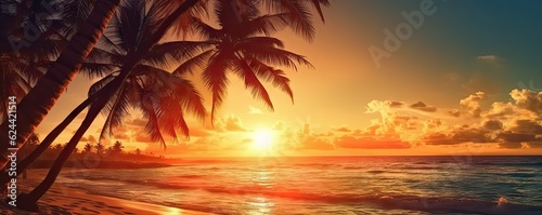 Beauty of beach oceans and romantic sunsets. Majestic palm trees  sunsets and beautiful seascape in paradise