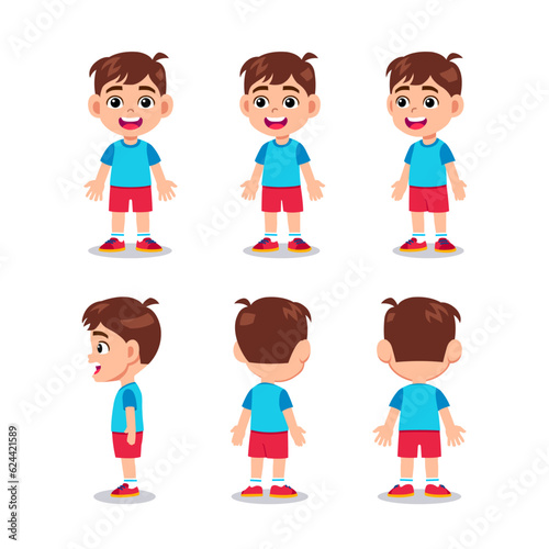 Cute little kid boy character turn around with happy expression and standing poses