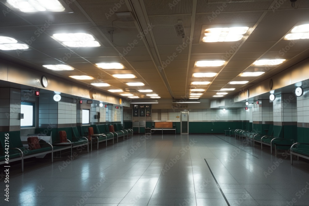 empty airport terminal with emergency lights and sirens, indicating emergency situation, created with generative ai empty airport terminal with emergency lights and sirens, indicating emergency situation, created with generative ai