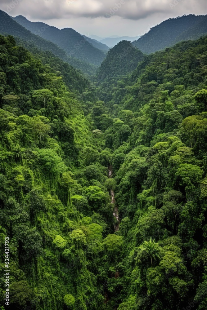 panoramic view of a lush green forest valley, created with generative ai