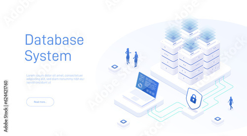 Data storage server. Transfer of user data to the server. Data flow. Digital space. Data center. Big Date. Technology isometric 3d vector illustration.