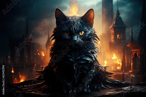 Black cat in gothic style with wet fur against the background of fire. Scary picture for halloween. Quirky mystical cat. AI generation