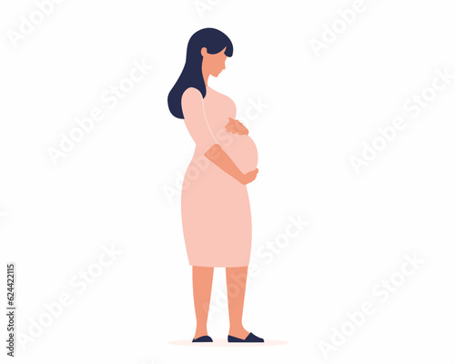 Beautiful future mom standing and holding her pregnant belly Flat vector illustration.