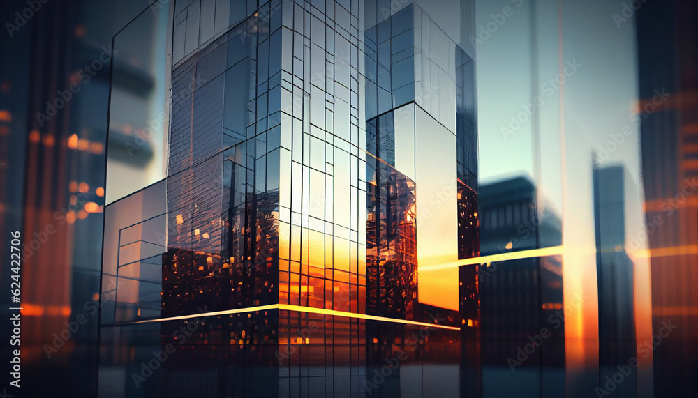 Background of future urban and corporate architecture. Real estate idea with bokeh, motion blur, and a reflection in a glass panel of a skyscraper facade Ai generated image