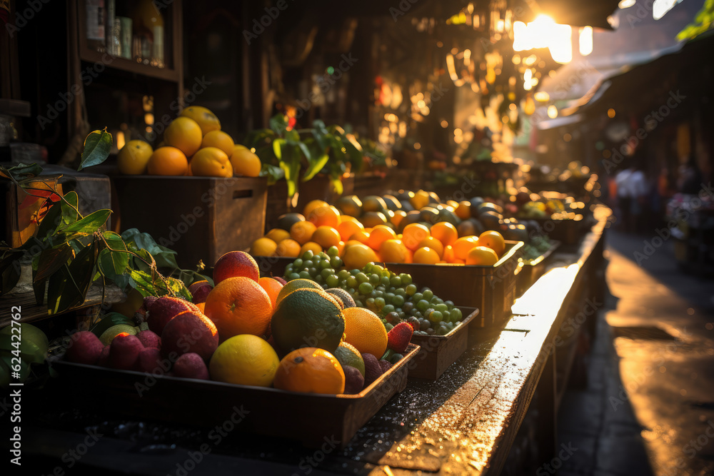 Brazilian Twilight Bazaar. Bustling Fruit Market in Rio de Janeiro at Sunset. Exotic Fruits Concept AI Generative.
