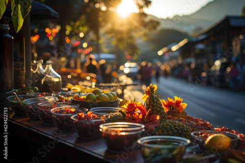 Brazilian Twilight Bazaar. Bustling Fruit Market in Rio de Janeiro at Sunset. Exotic Fruits Concept AI Generative.
