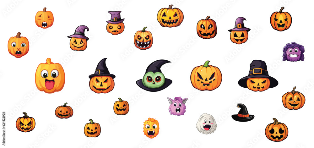 Halloween pumpkin set, funny faces. Autumn holidays. Vector illustration, editable, ready to print. Halloween pumpkin set, funny faces. Autumn holidays. Vector illustration, editable, ready to print.