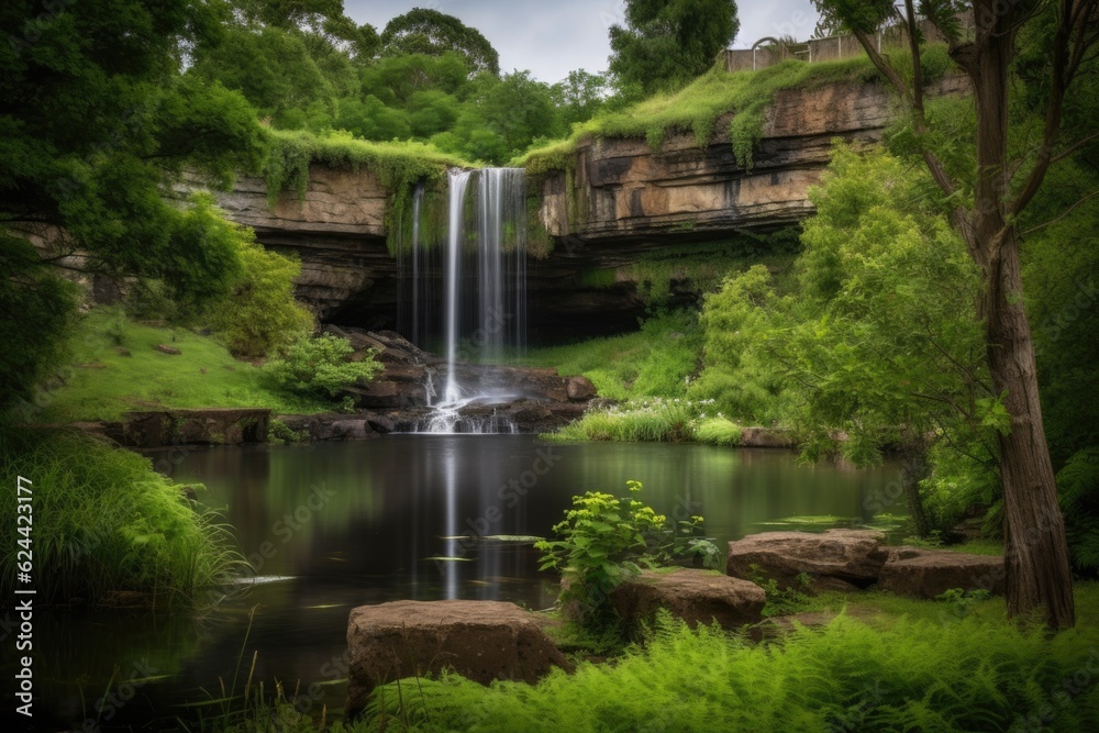serene landscape with waterfall and greenery in the background, created with generative ai