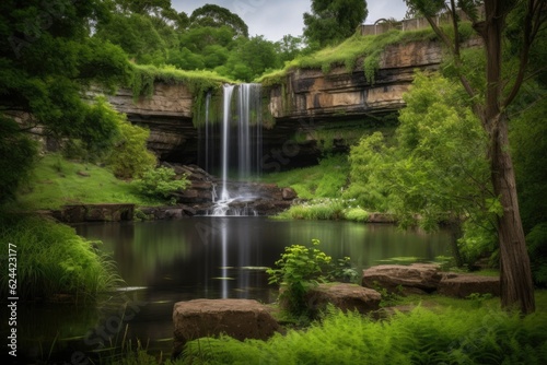 serene landscape with waterfall and greenery in the background, created with generative ai
