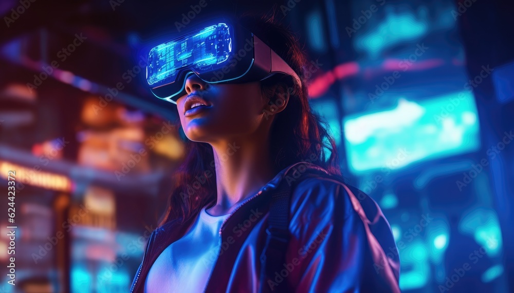 young woman wearing the virtual reality glasses in a city at night