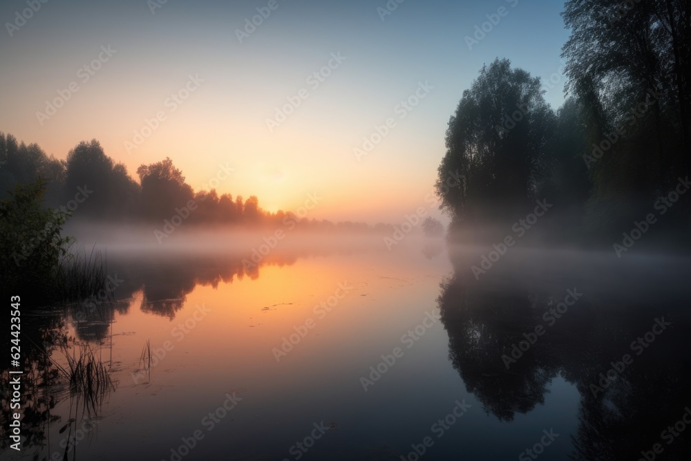 Fototapeta premium calm lake with misty sunrise, bringing new day, created with generative ai