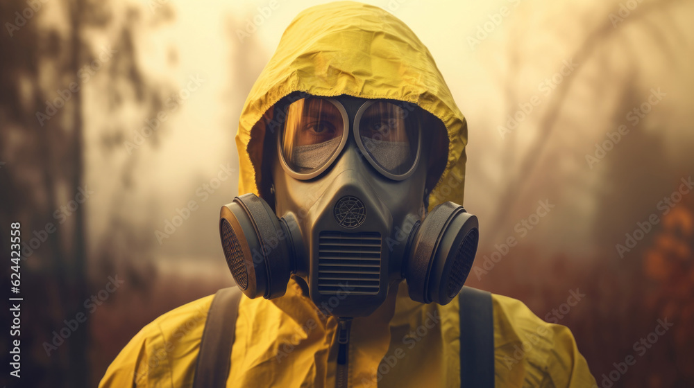 A person wearing a protective suit and mask, braving the effects of air pollution, underscoring the significance of safeguarding against harmful airborne toxins. AI generated A person wearing a protective suit and mask, braving the effects of air pollution, underscoring the significance of safeguarding against harmful airborne toxins. AI generated