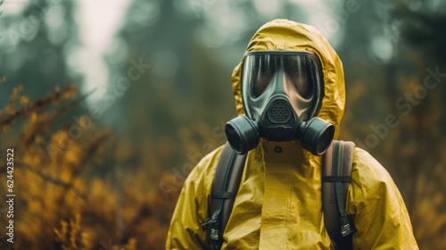 A figure clad in a decontamination suit and mask, emphasizing the significance of proper protective gear during environmental cleanup. AI generated