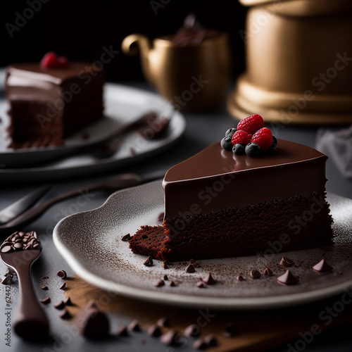 Chocolate Sacher cake slice with apricot jam on  table 