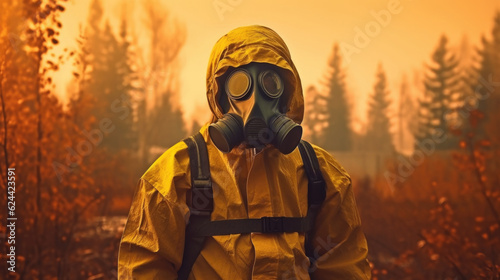 A man in a radioactive protective suit and mask surrounded by polluted air, symbolizing the need for comprehensive protection against environmental contaminants. AI generated