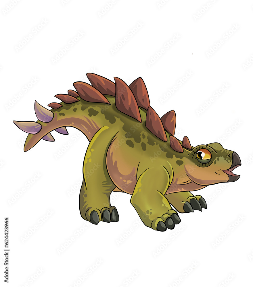 Fototapeta premium Stegosaurus dinosaur cartoon baby. Hand painted dinosaurs isolated on white background. Predator animal of the prehistoric period. Illustration. Watercolor. Template. Hand drawing. Clipart. Close-up