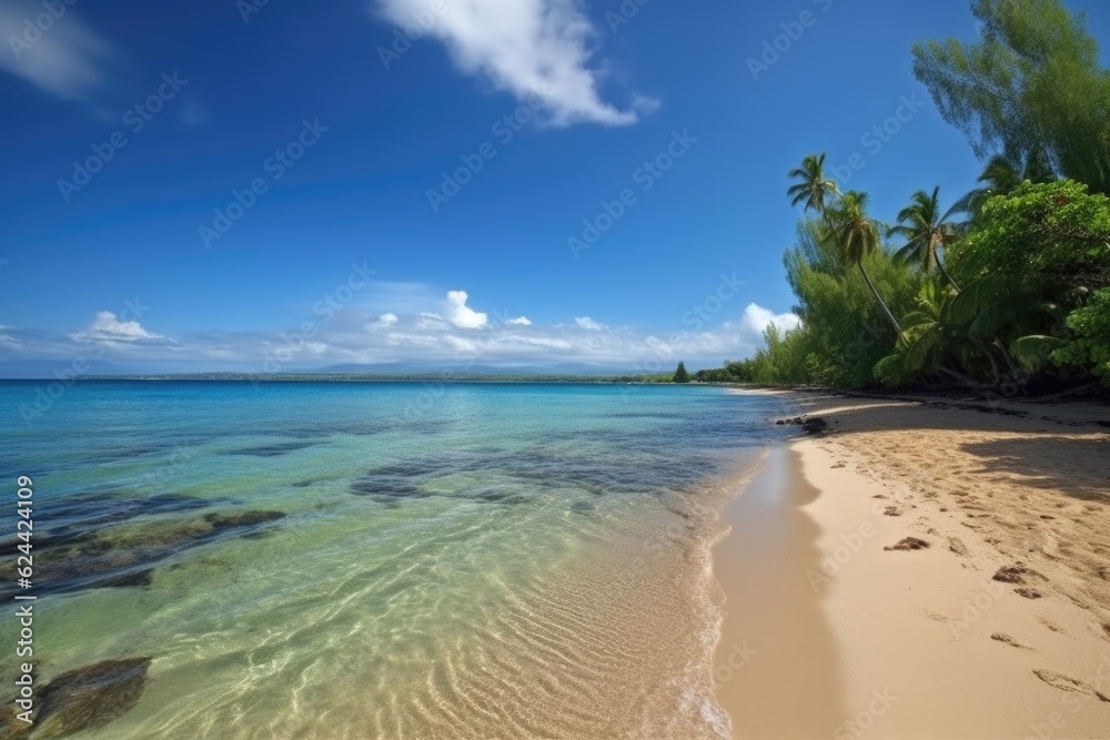 tropical beach, with view of serene blue waters and distant horizon, created with generative ai
