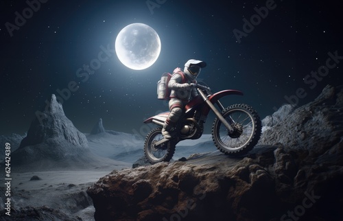 the man is riding a motorcycle in a dark rock and moon environment background