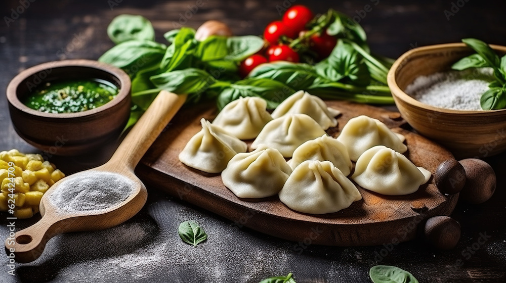 Preparation dumpling gedza with spinach. On dark rustic background, Generative AI Preparation dumpling gedza with spinach. On dark rustic background, Generative AI