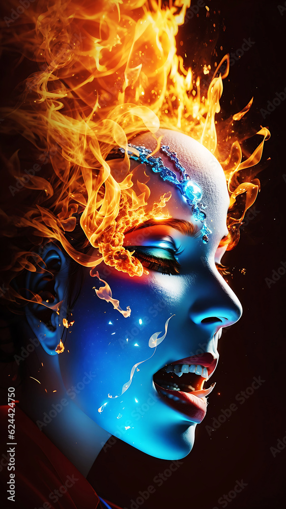 Burning Fire and woman Frozen Ice Photo Effect. generated ai
